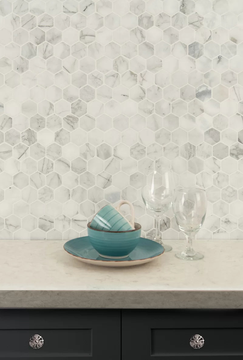 Calacatta Cressa Hex Honed 2" X 2" Marble Mosaic Tile