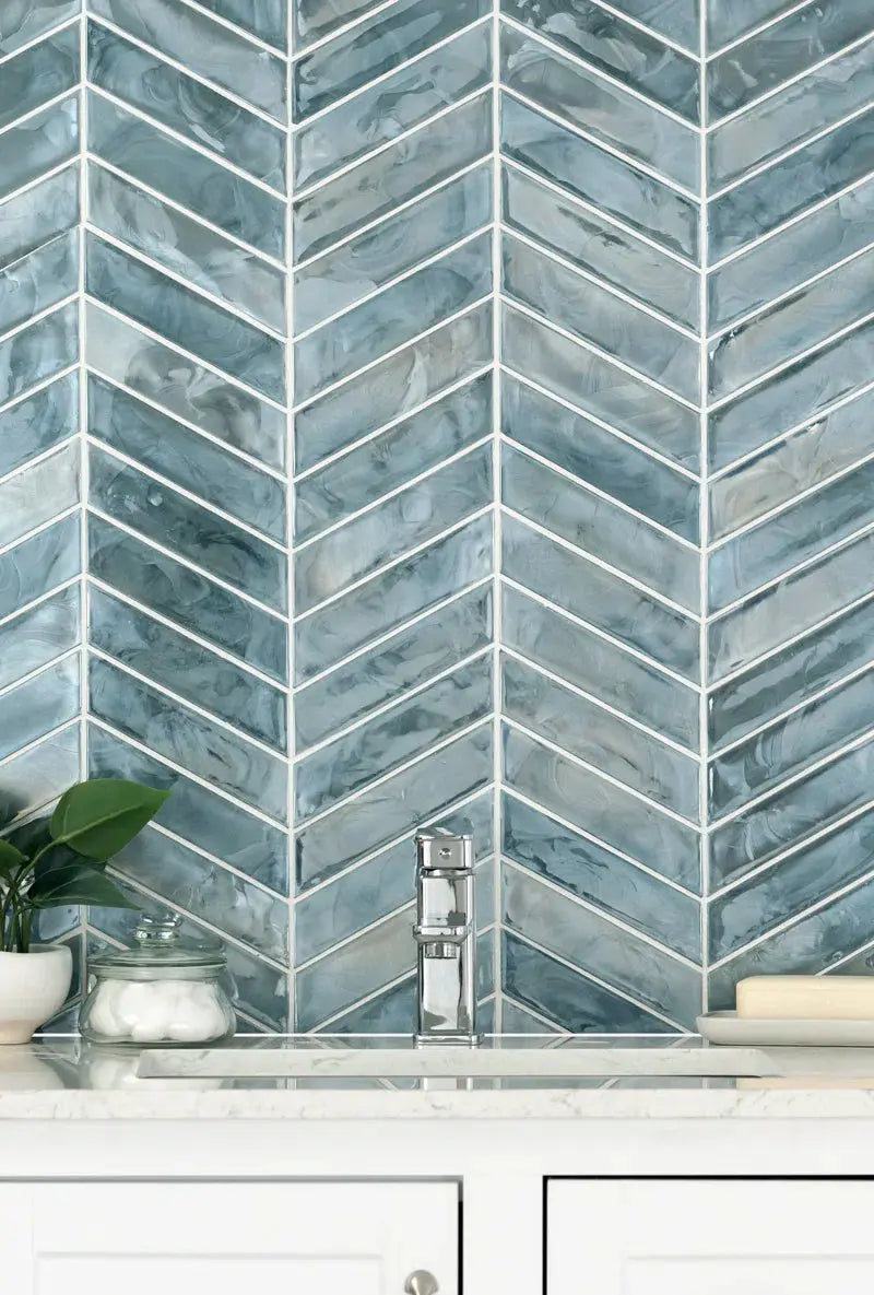 Blue Shimmer Chevron 9.95 In. X 11.85 In. Glass Mesh-Mounted Mosaic Wall Tile