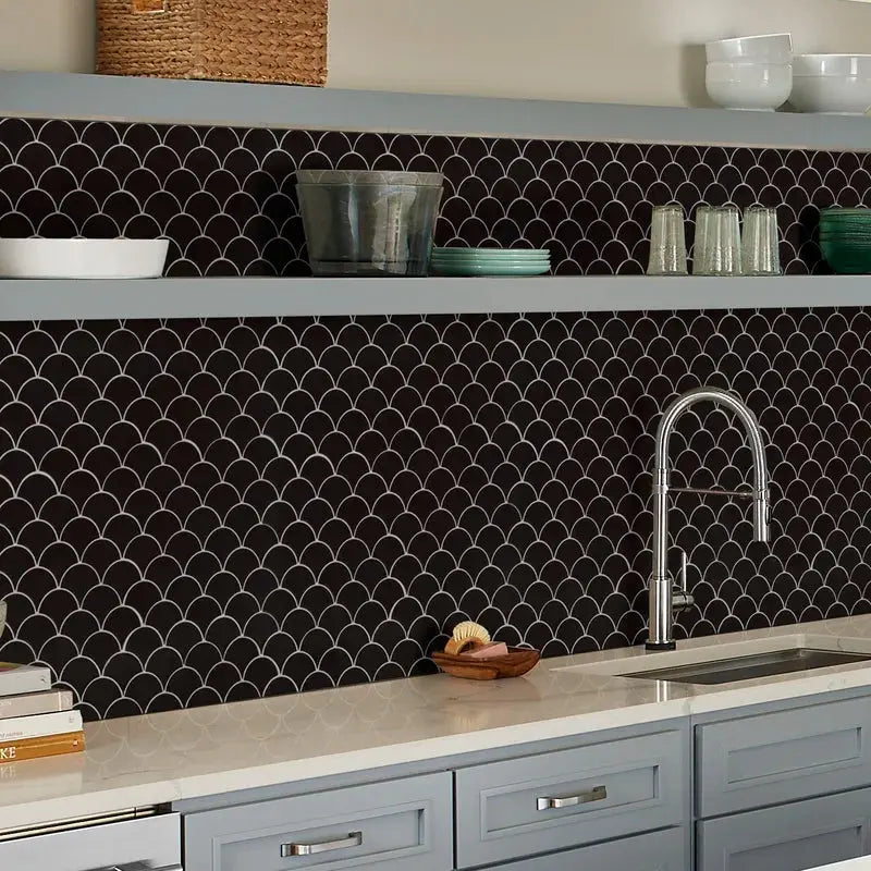 Retro Nero Scallop 12.75" X 13.75" Glossy Porcelain Floor and Wall Tile