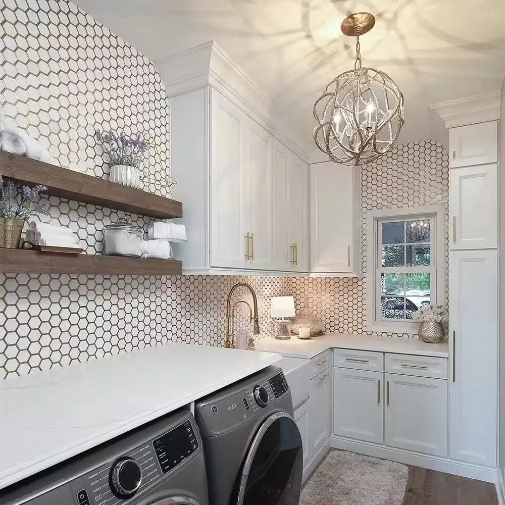 Karats White 10.625 In. X 11.125 In. Hexagon Polished Marble/Gold Metal Floor and Wall Mosaic Tile (0.820 Sq. Ft./Each)