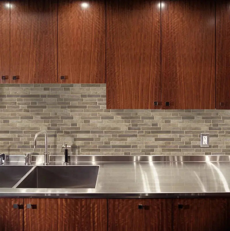 Interlocking Random Sized Glass/Stone Mosaic Tile in Gray/Taupe