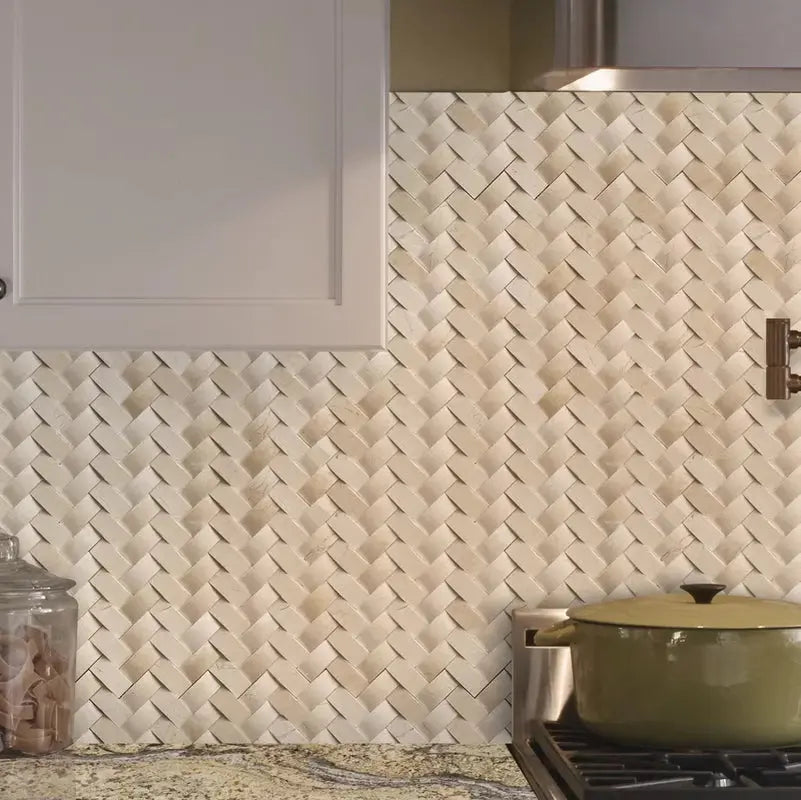 Crema Arched Herringbone 12" X 12" Polished Marble Wall Tile