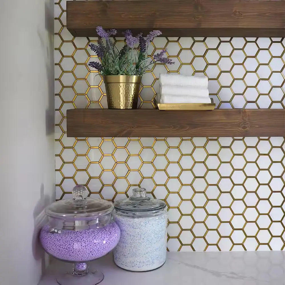 Karats White 10.625 In. X 11.125 In. Hexagon Polished Marble/Gold Metal Floor and Wall Mosaic Tile (0.820 Sq. Ft./Each)
