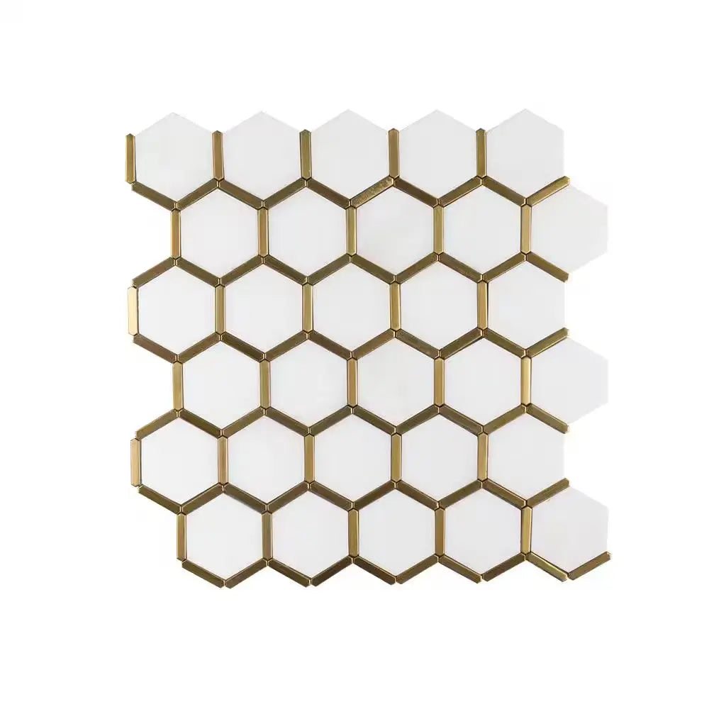 Karats White 10.625 In. X 11.125 In. Hexagon Polished Marble/Gold Metal Floor and Wall Mosaic Tile (0.820 Sq. Ft./Each)