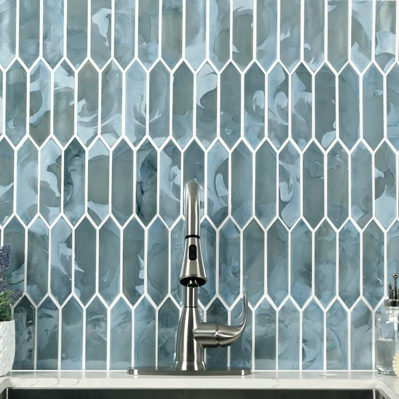 Blue Shimmer Picket 10 In. X 13.3 In. Glass Mesh-Mounted Mosaic Wall Tile