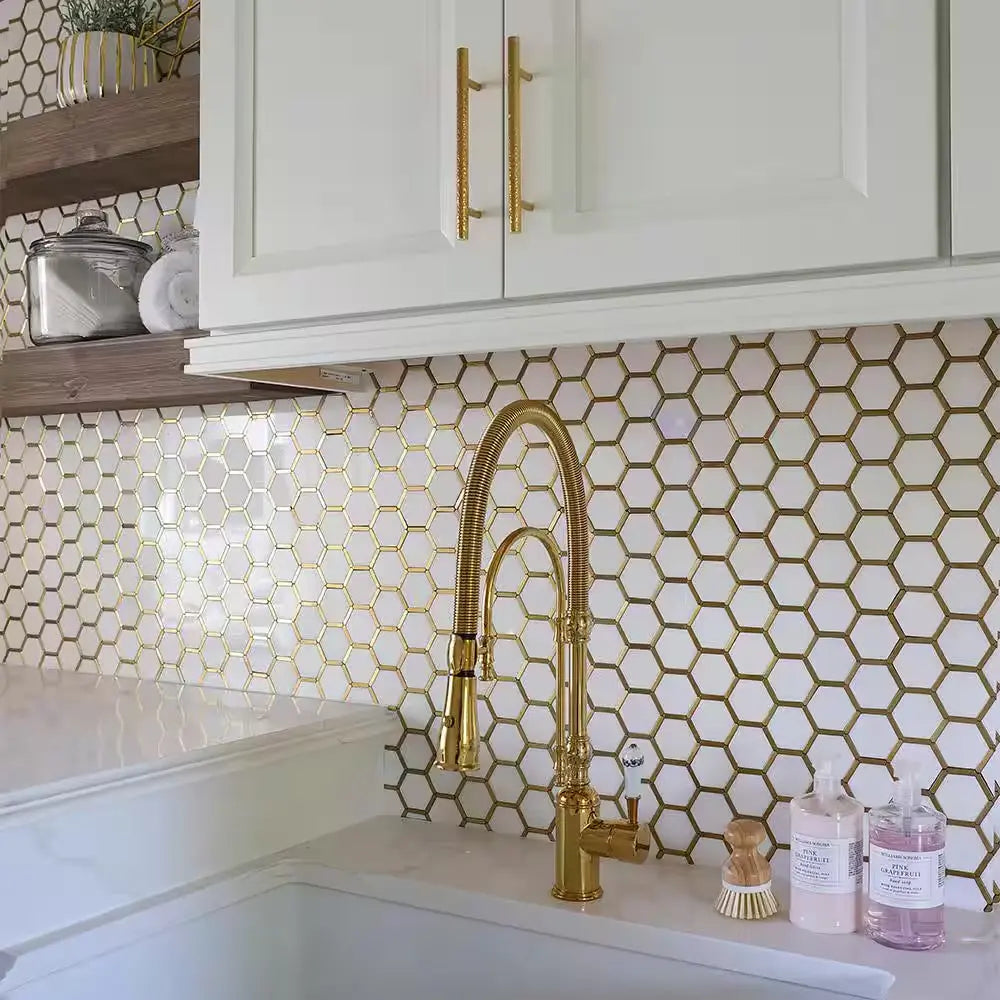 Karats White 10.625 In. X 11.125 In. Hexagon Polished Marble/Gold Metal Floor and Wall Mosaic Tile (0.820 Sq. Ft./Each)