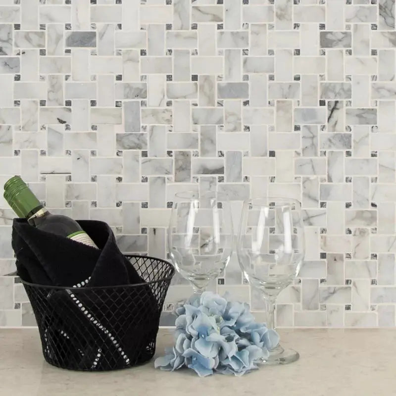 Calacatta Cressa Basket Weave 11.38" X 12.38" Honed Marble Floor and Wall Tile