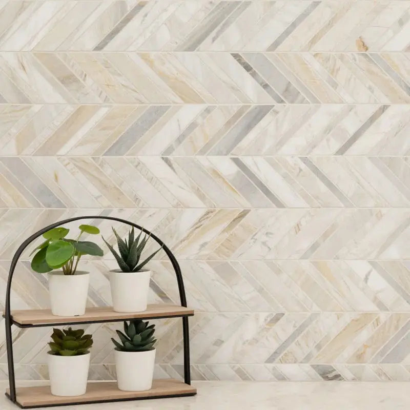 Athena Gold Chevron 12" X 12" Honed Marble Mesh Mounted Mosaic Tile