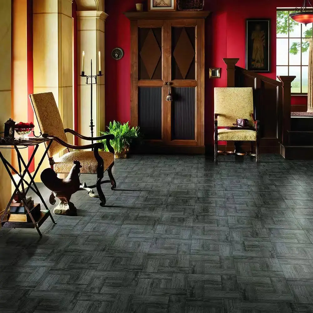Grey Wood Parquet 3 MIL X 12 In. W X 12 In. L Peel and Stick Water Resistant Vinyl Tile Flooring (30 Sqft/Case)