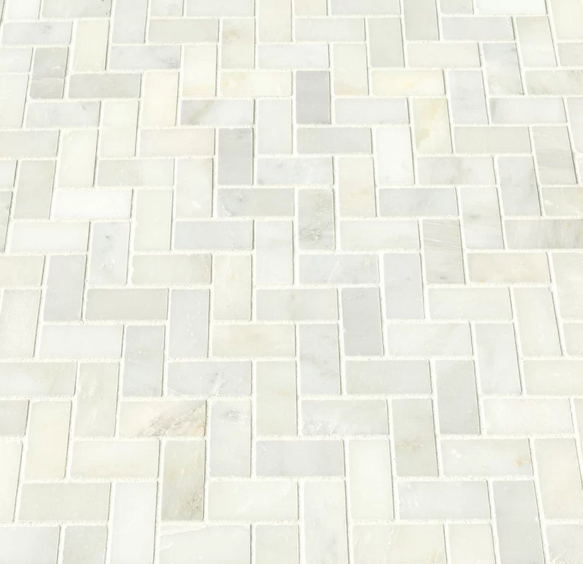 Greecian Herringbone Polished Glass/Stone Mosaic Tile in White