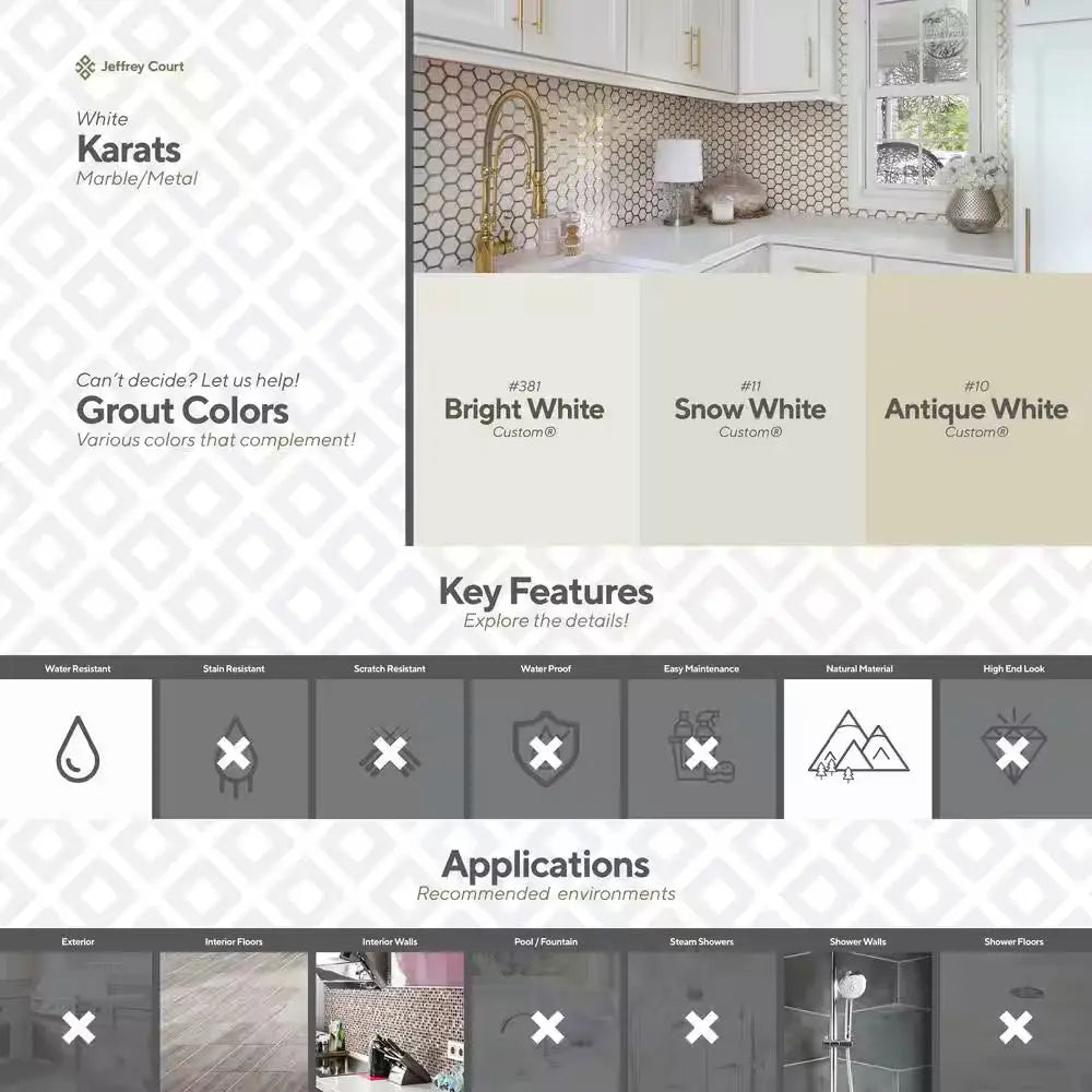Karats White 10.625 In. X 11.125 In. Hexagon Polished Marble/Gold Metal Floor and Wall Mosaic Tile (0.820 Sq. Ft./Each)