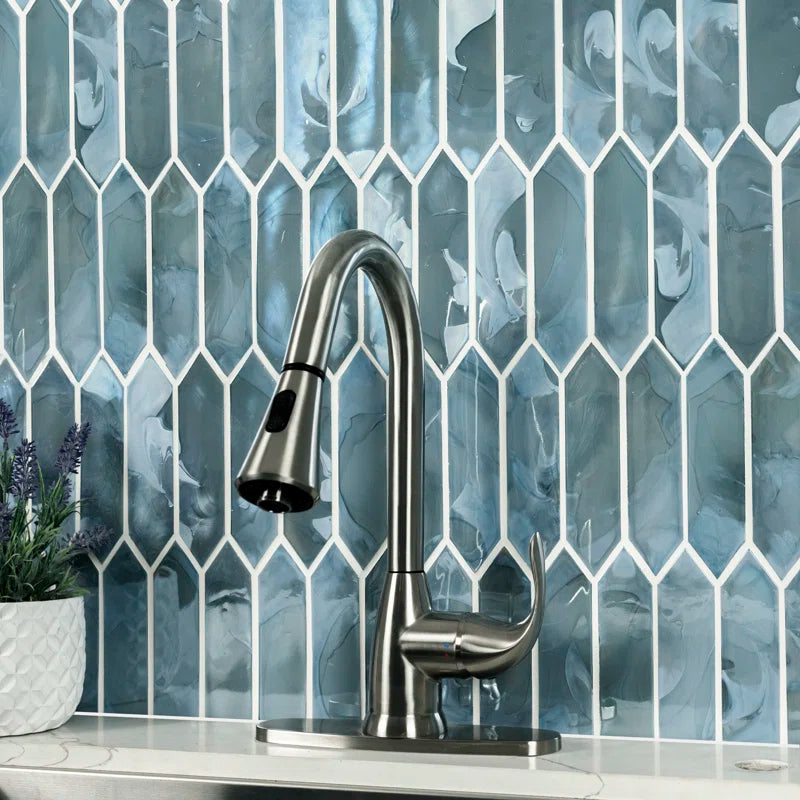 Blue Shimmer Picket 10 In. X 13.3 In. Glass Mesh-Mounted Mosaic Wall Tile