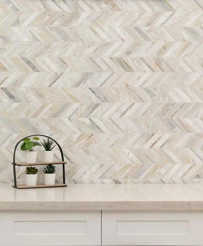 Athena Gold Chevron 12" X 12" Honed Marble Mesh Mounted Mosaic Tile