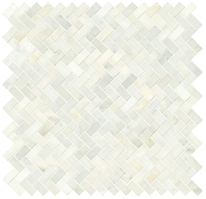 Greecian Herringbone Polished Glass/Stone Mosaic Tile in White