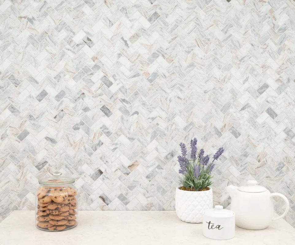 Capri Blue 11.63'' X 11.63'' Herringbone Honed Marble Mosaic Tile
