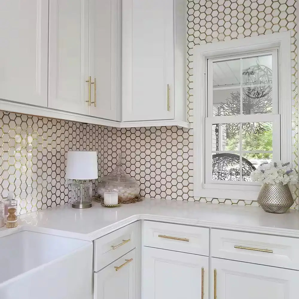 Karats White 10.625 In. X 11.125 In. Hexagon Polished Marble/Gold Metal Floor and Wall Mosaic Tile (0.820 Sq. Ft./Each)