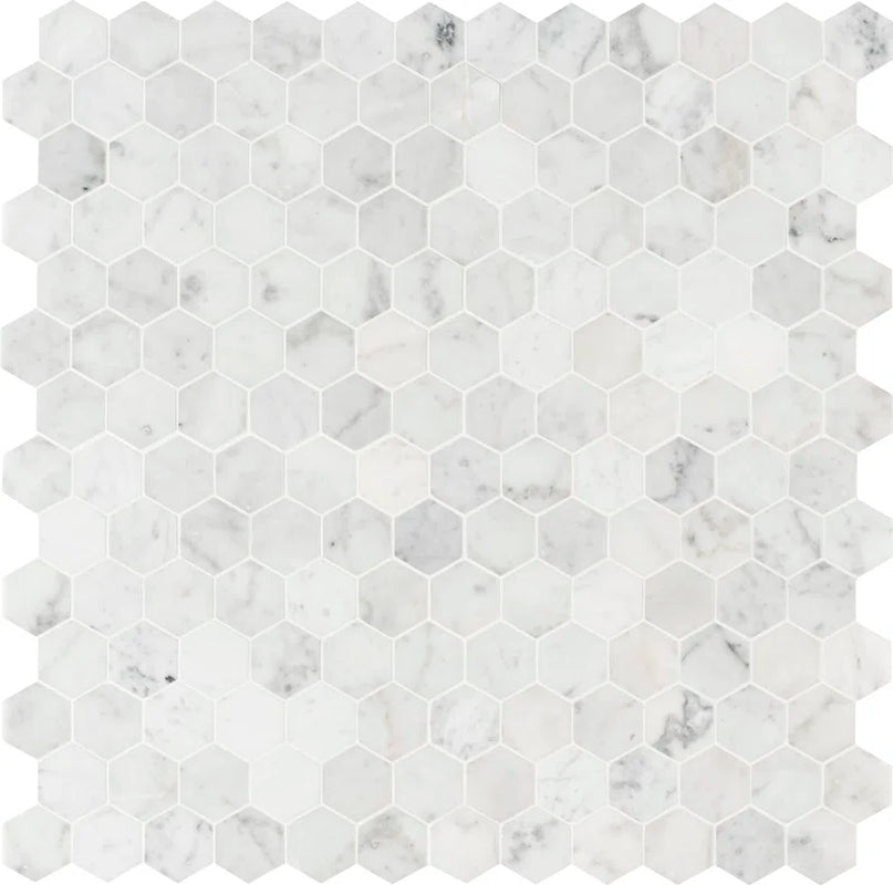 Carrara White Hexagon 11.75" X 12" Honed Marble Mesh-Mounted Mosaic Tile