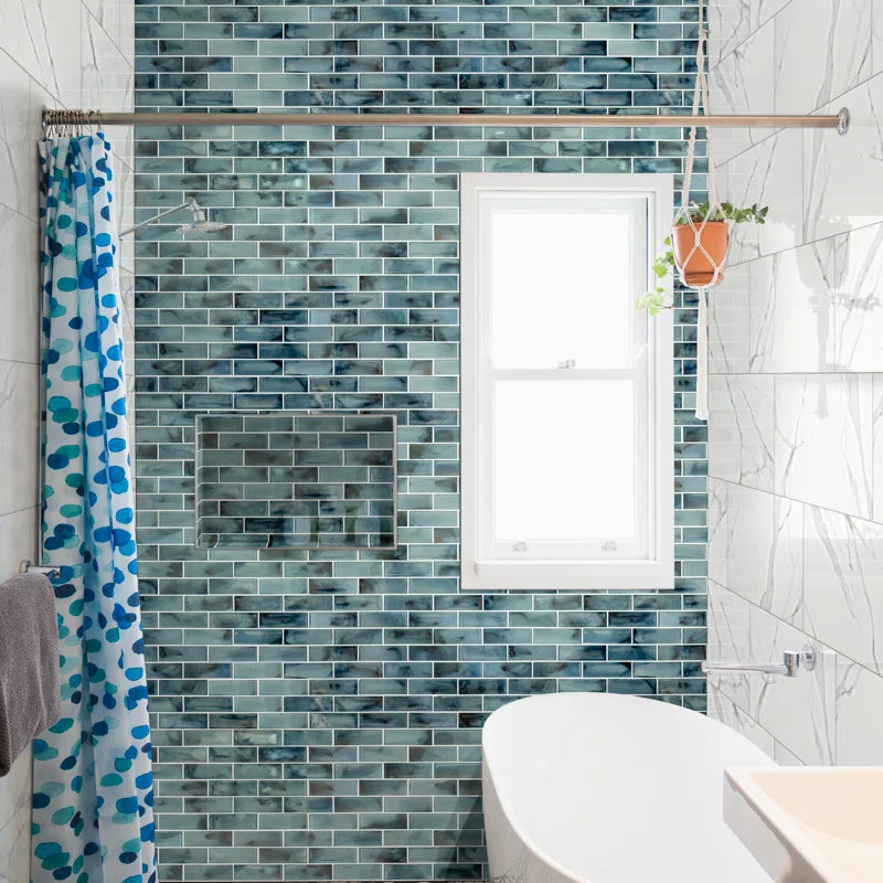 Blue Shimmer Subway 11.75 In. X 11.75 In. Glass Mesh-Mounted Mosaic Wall Tile