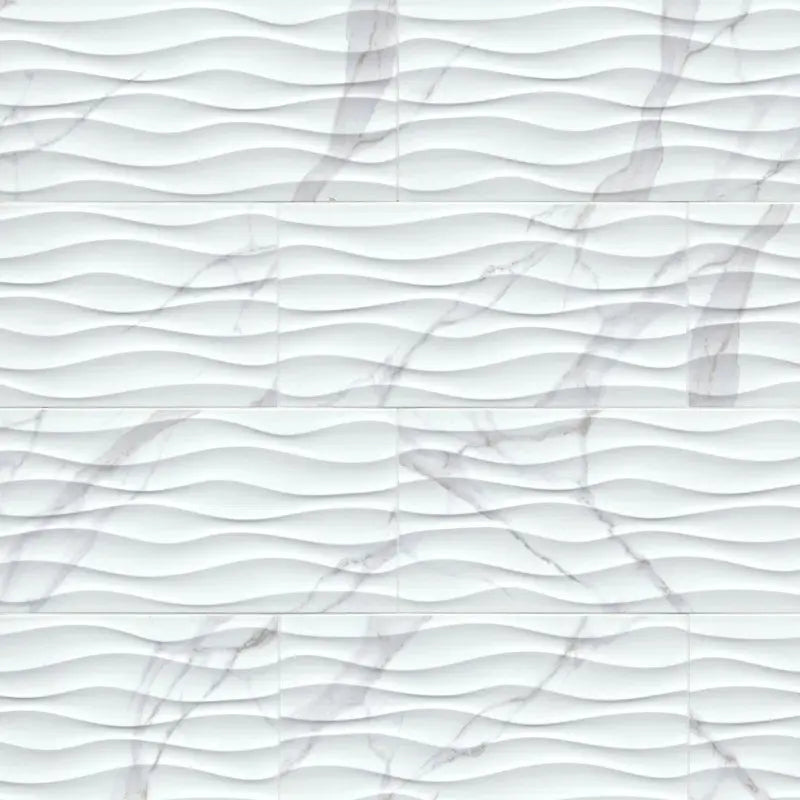 Dymo Statuary 12" X 24" Wavy White Glossy Ceramic Wall Tile