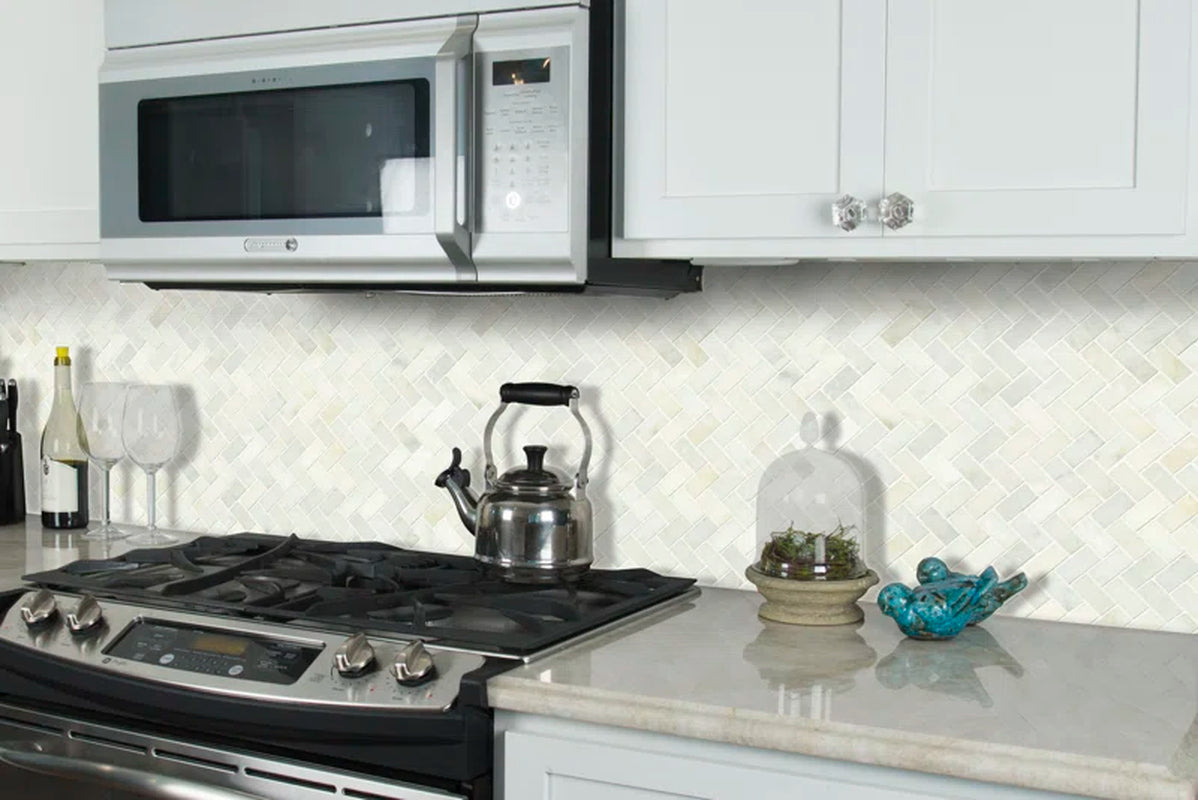 Greecian Herringbone Polished Glass/Stone Mosaic Tile in White