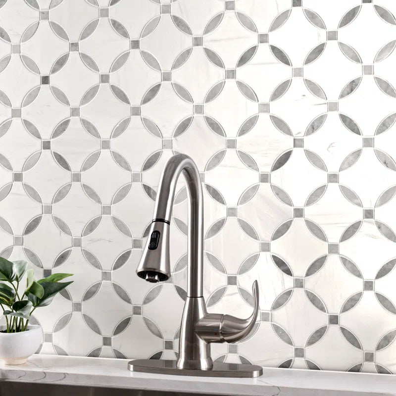 Bianco Dolomite Lola 10.25" X 10.25" Polished Marble Mosaic Floor and Wall Tile