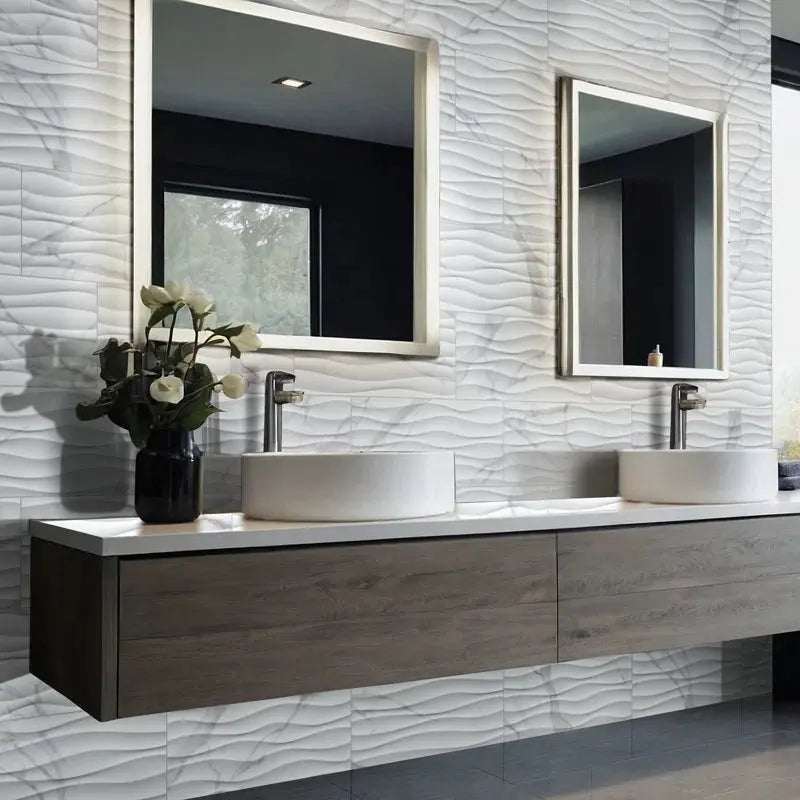 Dymo Statuary 12" X 24" Wavy White Glossy Ceramic Wall Tile