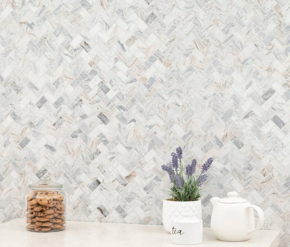 Capri Blue 11.63'' X 11.63'' Herringbone Honed Marble Mosaic Tile