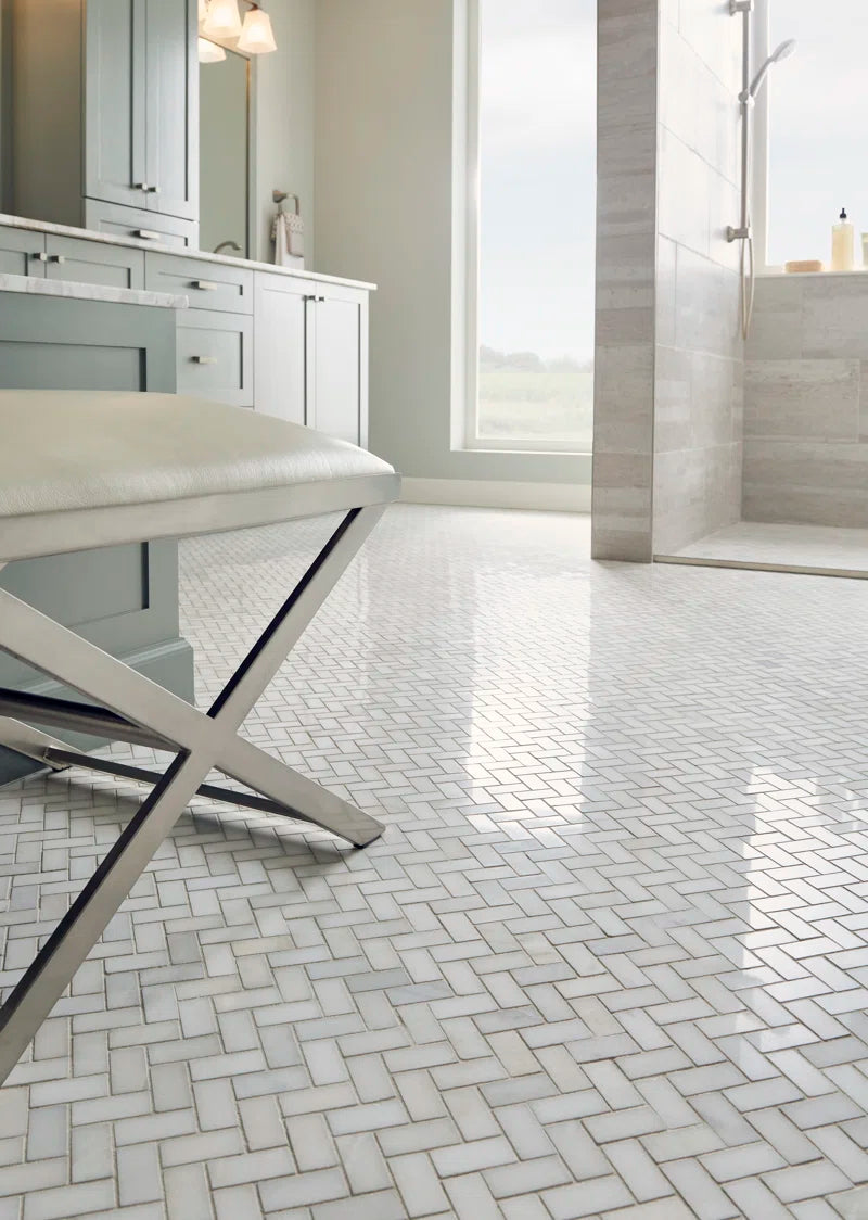 Greecian Herringbone Polished Glass/Stone Mosaic Tile in White