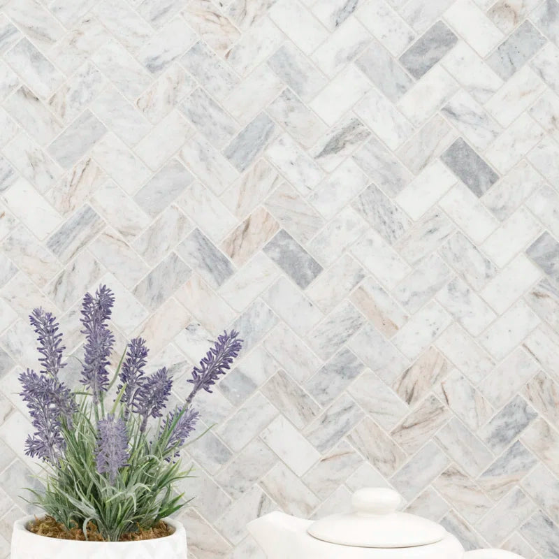 Capri Blue 11.63'' X 11.63'' Herringbone Honed Marble Mosaic Tile