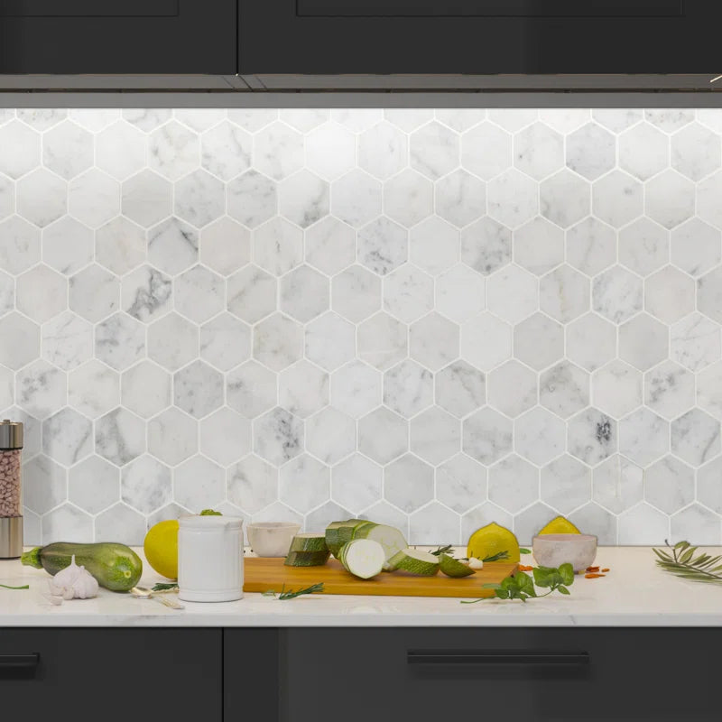 Carrara White Hexagon 11.75" X 12" Honed Marble Mesh-Mounted Mosaic Tile