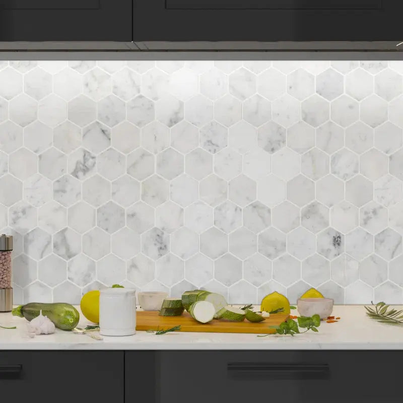 Carrara White Hexagon 11.75" X 12" Honed Marble Mesh-Mounted Mosaic Tile