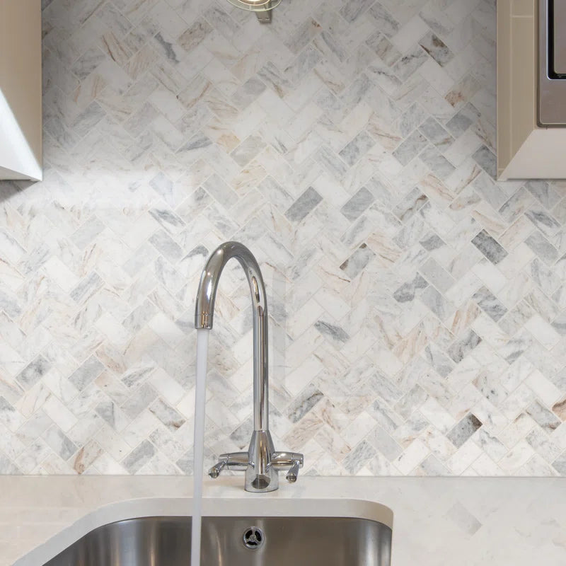 Capri Blue 11.63'' X 11.63'' Herringbone Honed Marble Mosaic Tile