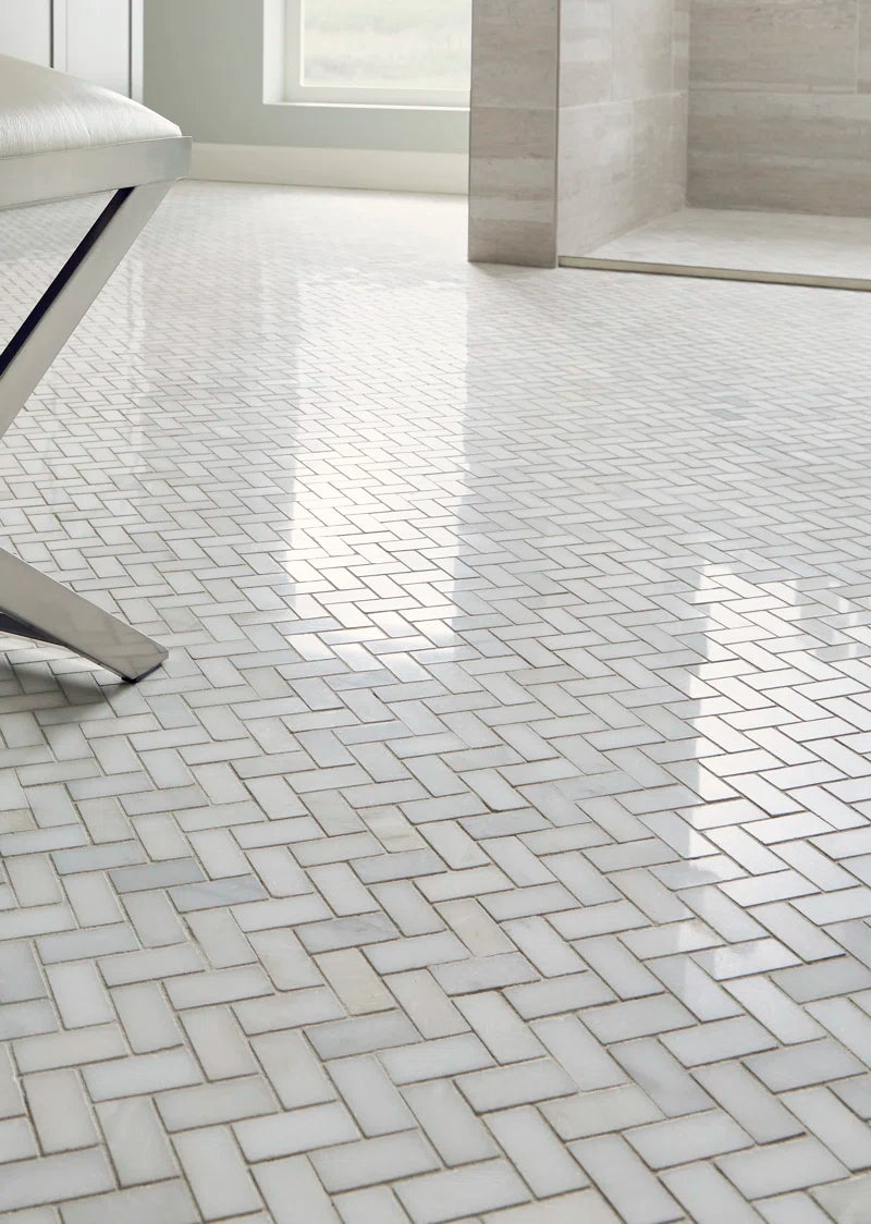 Greecian Herringbone Polished Glass/Stone Mosaic Tile in White