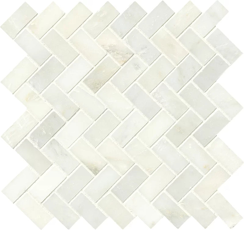 Greecian Herringbone Polished Glass/Stone Mosaic Tile in White