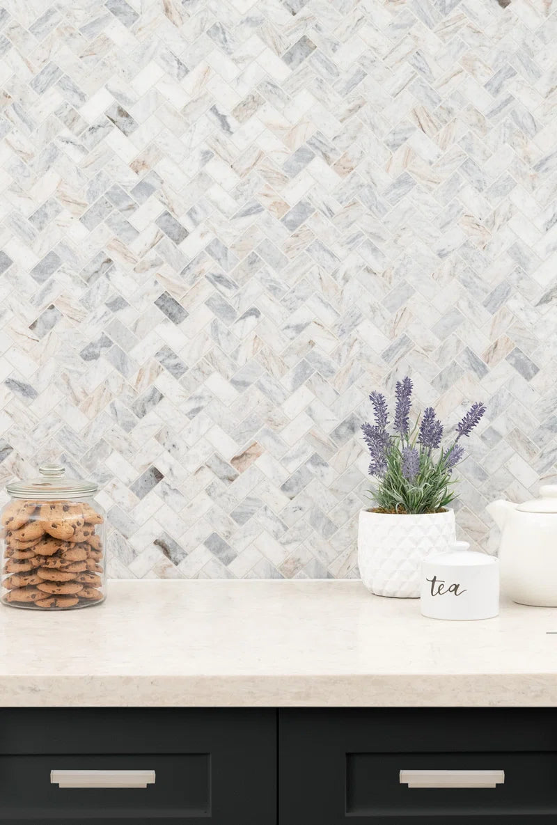 Capri Blue 11.63'' X 11.63'' Herringbone Honed Marble Mosaic Tile