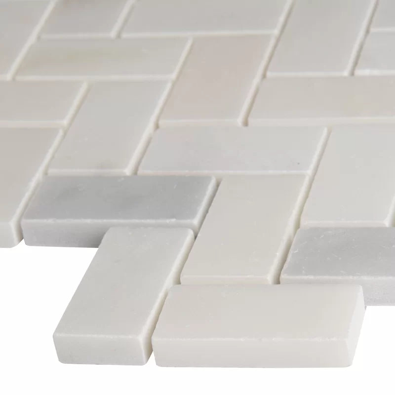 Greecian Herringbone Polished Glass/Stone Mosaic Tile in White