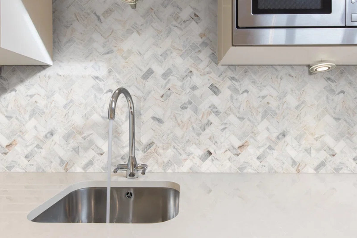 Capri Blue 11.63'' X 11.63'' Herringbone Honed Marble Mosaic Tile