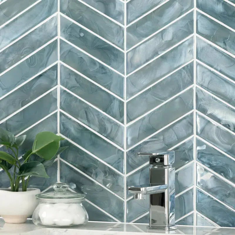 Blue Shimmer Chevron 9.95 In. X 11.85 In. Glass Mesh-Mounted Mosaic Wall Tile