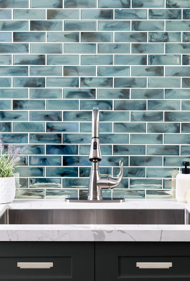 Blue Shimmer Subway 11.75 In. X 11.75 In. Glass Mesh-Mounted Mosaic Wall Tile