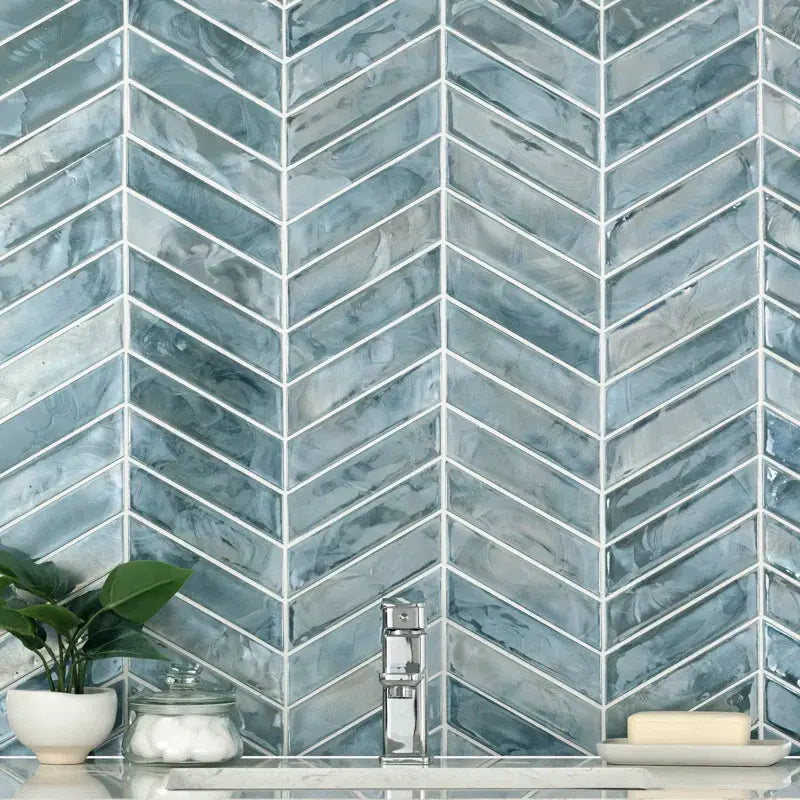 Blue Shimmer Chevron 9.95 In. X 11.85 In. Glass Mesh-Mounted Mosaic Wall Tile